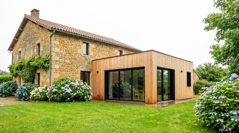 Extension modulaire en bois accolée à une maison en pierre