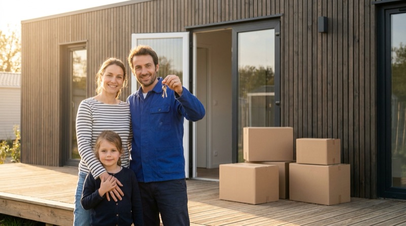 Famille recevant les clés de sa maison modulaire neuve le jour de l'emménagement