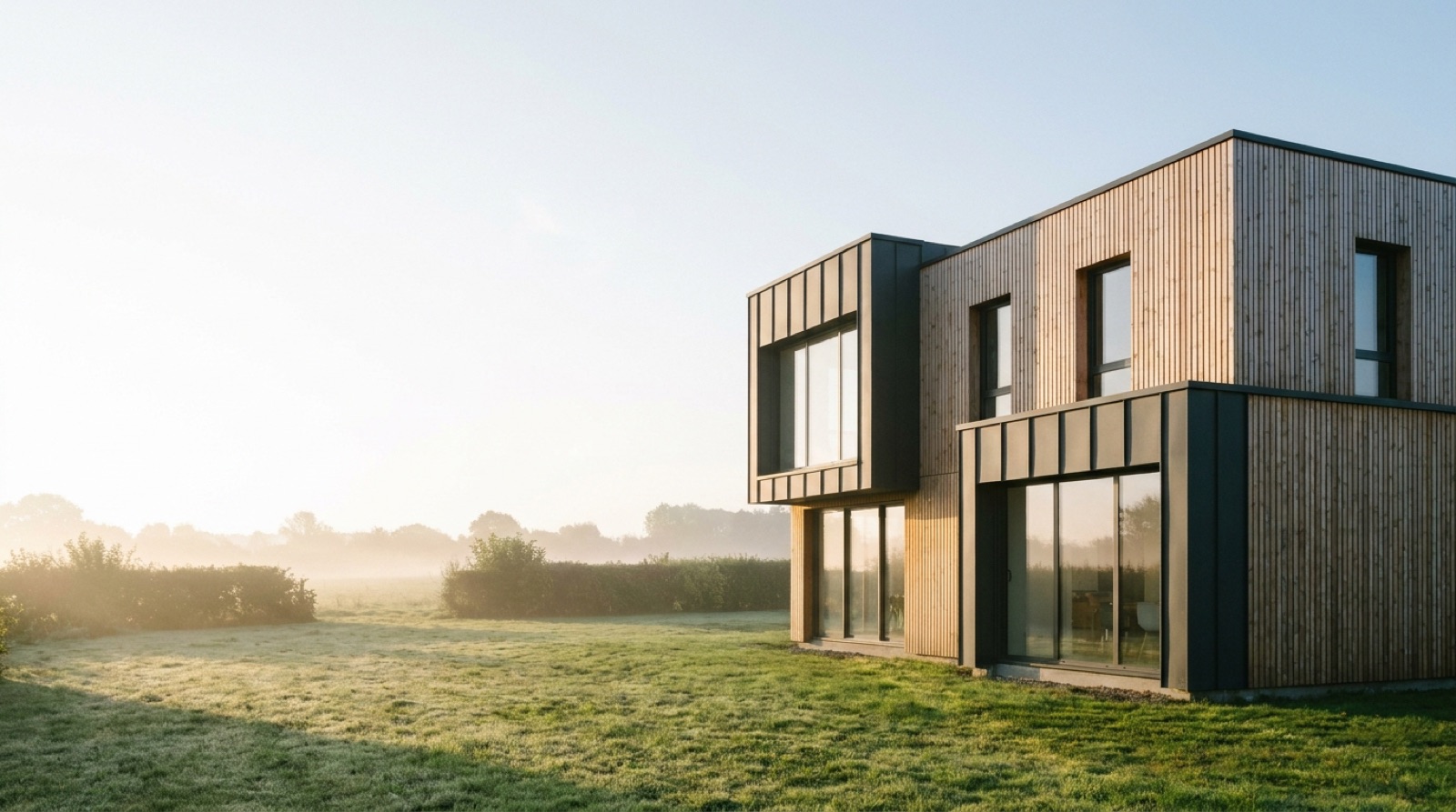 Maison modulaire à bardage bois et modules métal dans un pré normand au petit matin