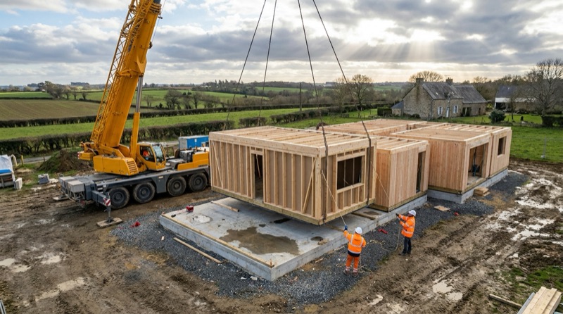Grue posant un module de maison en ossature bois sur ses fondations, guidée par deux compagnons