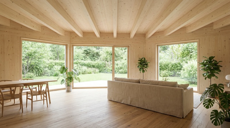 Séjour d'une maison modulaire avec plafond en bois massif apparent et grandes baies ouvertes sur le jardin