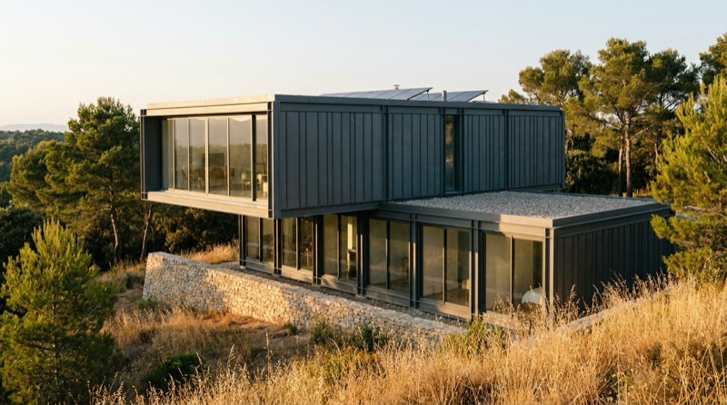 Maison modulaire à structure acier avec module en porte-à-faux dans une pinède